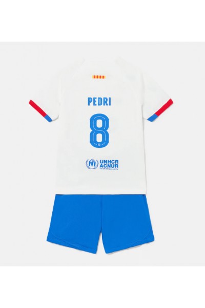 Barcelona Pedri Gonzalez #8 Jalkapallovaatteet Lasten Vieraspeliasu 2023-24 Lyhythihainen (+ Lyhyet housut)